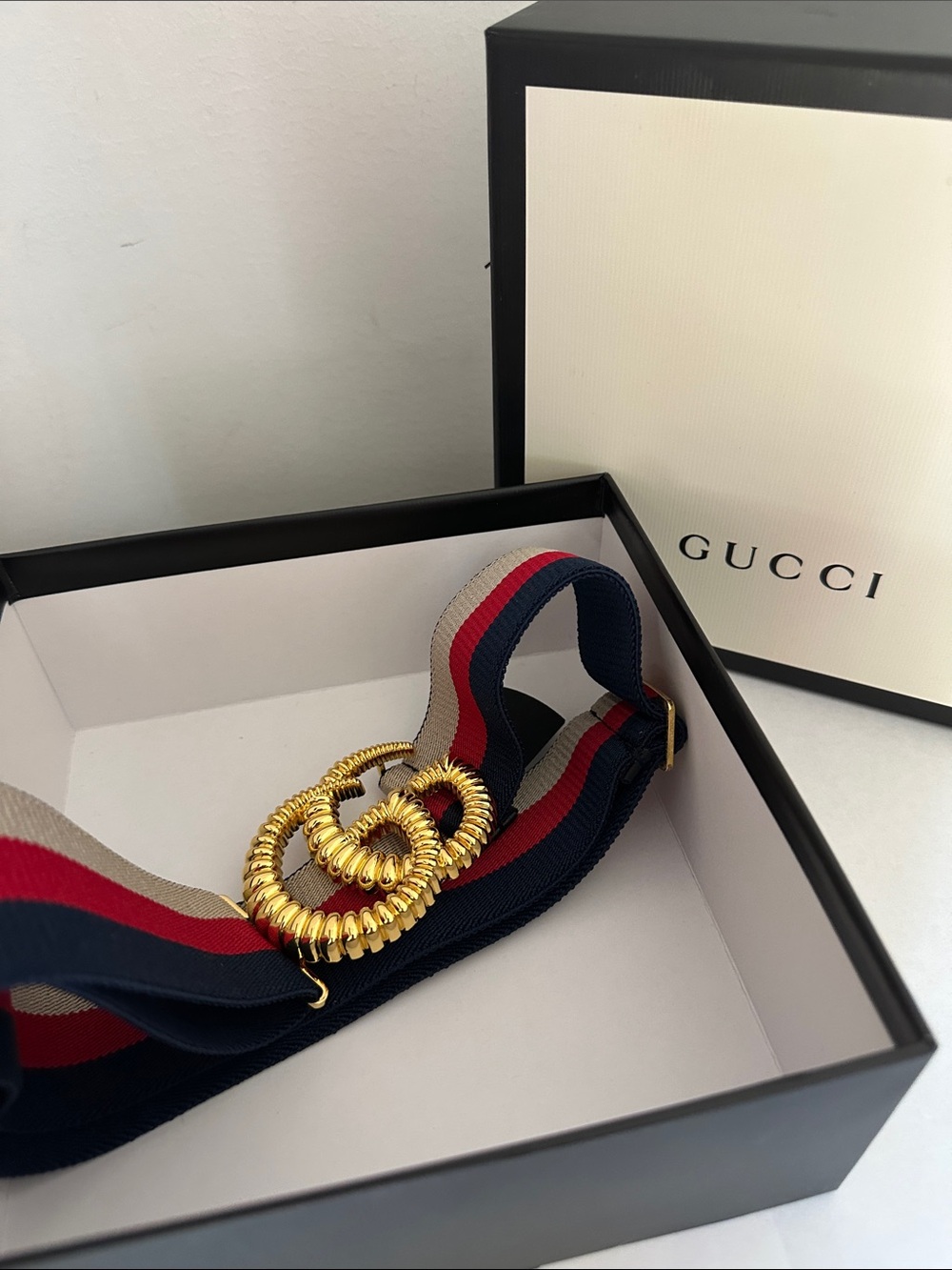Gucci Navy/Red/Beige Web Stripe Belt with Gold Double G Coil Buckle